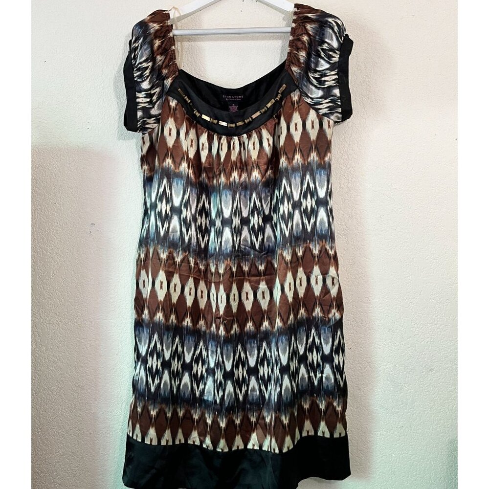 Signature By Robbie Bee Womens Size 16 Ikat Print Short Sleeve Dress Beaded Trim